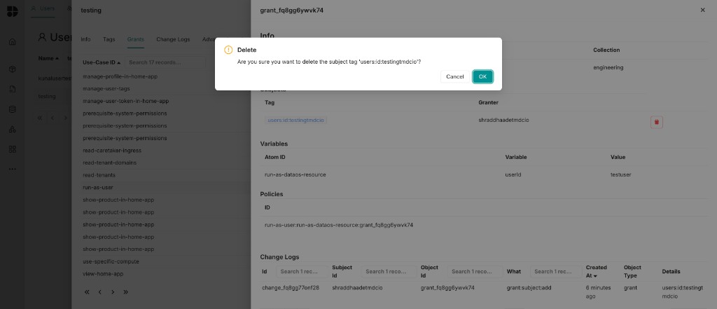 Confirmation dialog for removing the subject