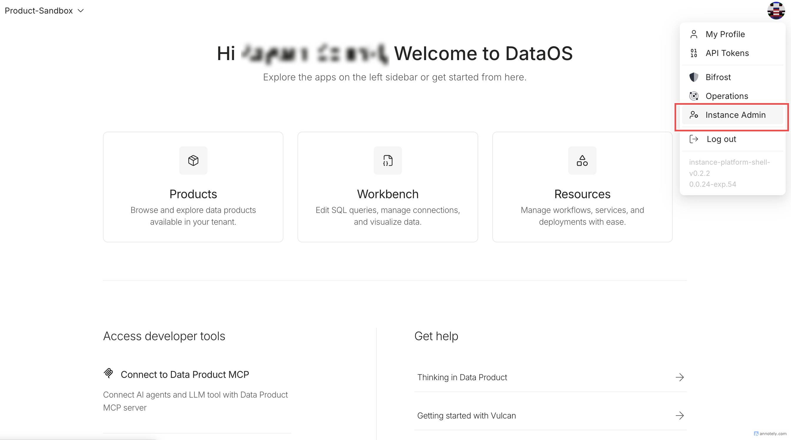 Open Instance Admin from the profile menu