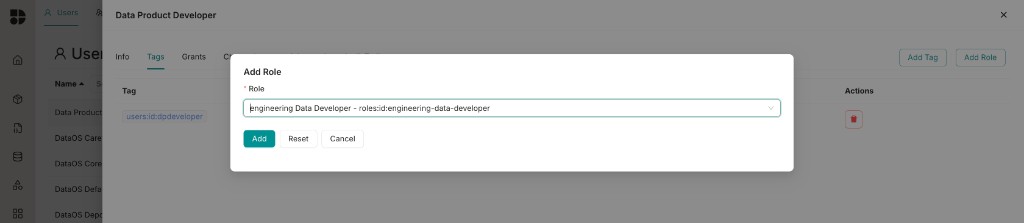 Add Role modal with Engineering Data Developer role selected
