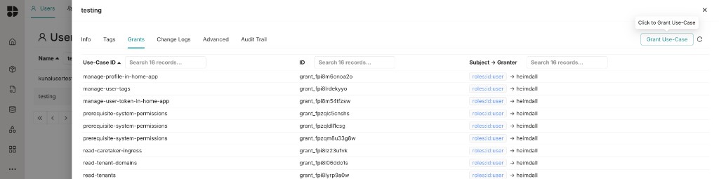 Application user's Grants tab in Bifrost