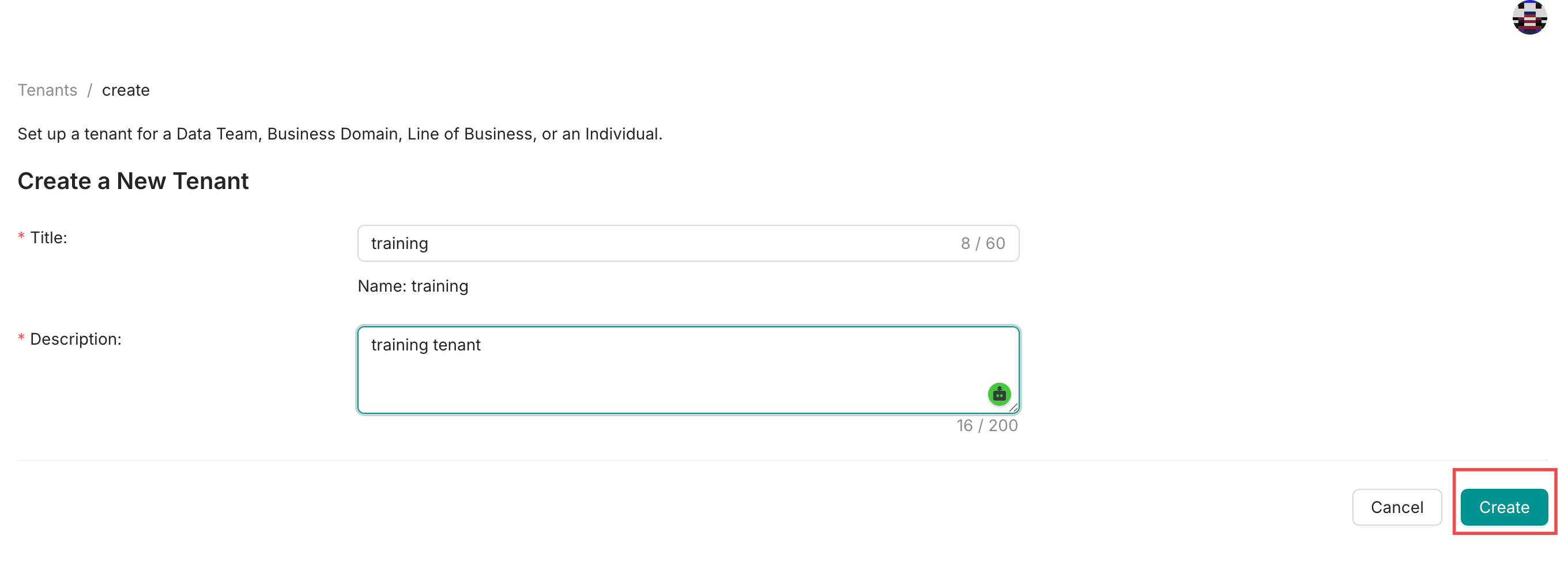 Enter tenant details and create the tenant