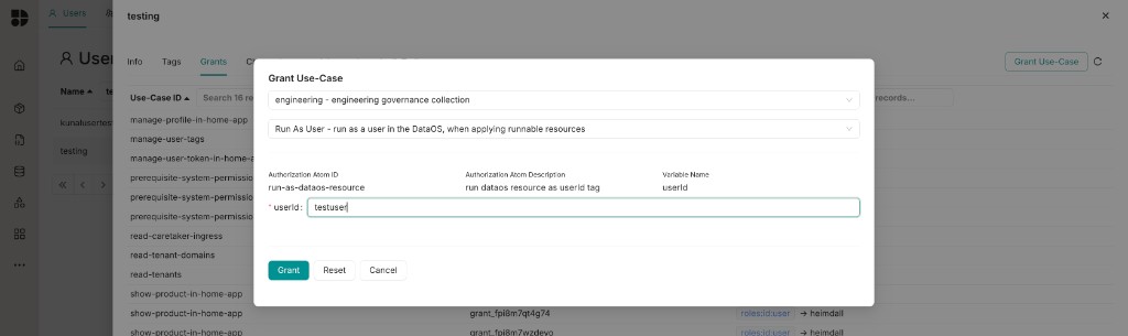 Grant form showing the userId field